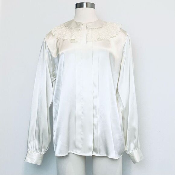 Vintage 80s Notations Cottage Satin Ivory Button Large Collared Blouse L - Picture 2 of 7